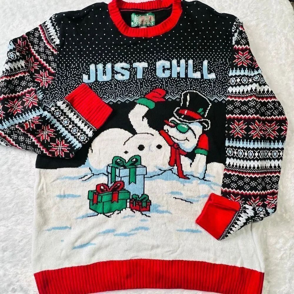 Ugly Christmas Sweater Womens Black Red Snowman Just Chill Knit Sweater XXL NWOT